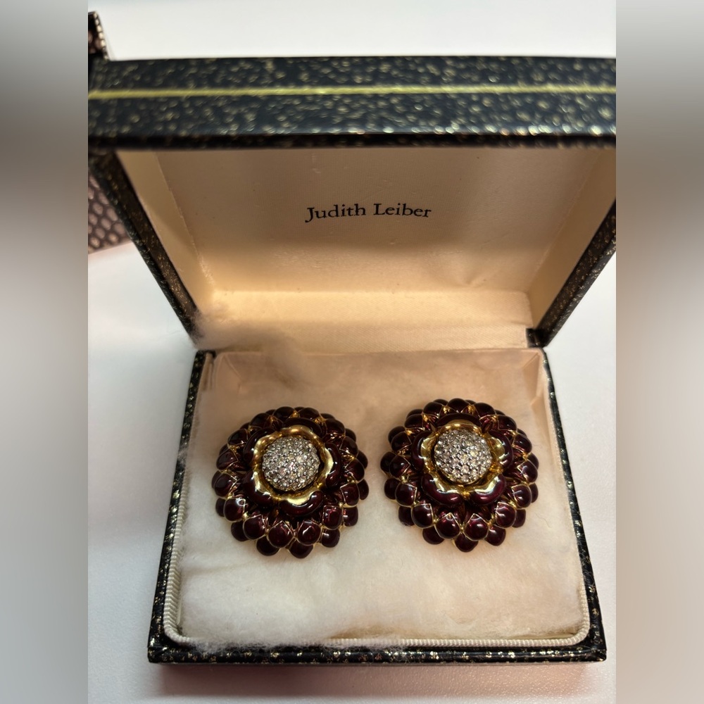 Judith Leiber Gold and Deep Purple Enamel Earrings